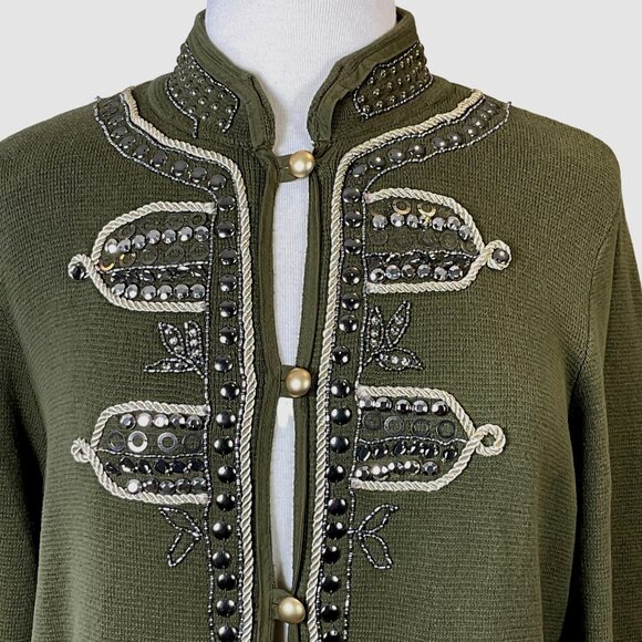 Chicos Military Embellished Cardigan Ambered Olive 3/4 Sleeves High Neck Large - Picture 4 of 12